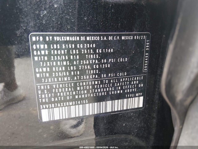 45021880 :رقم المزاد ، 3VV3B7AXXRM014155 vin ، 2024 Volkswagen Tiguan 2.0t Se/2.0t Wolfsburg Edition مزاد بيع