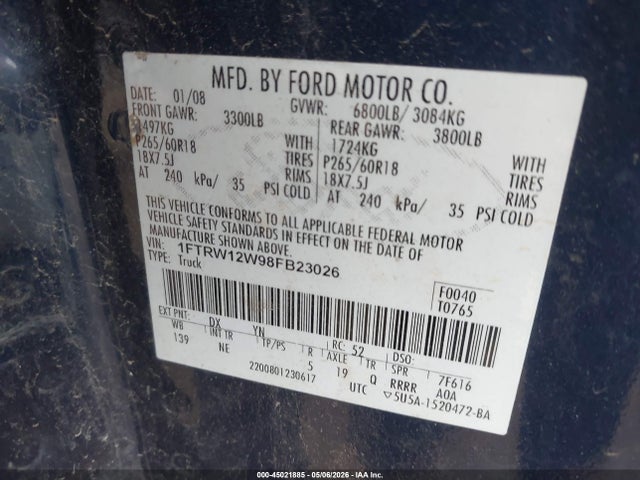 2008 Ford F-150 60th Anniversary/fx2/xl/xlt მანქანა იყიდება აუქციონზე, vin: 1FTRW12W98FB23026, აუქციონის ნომერი: 45021885