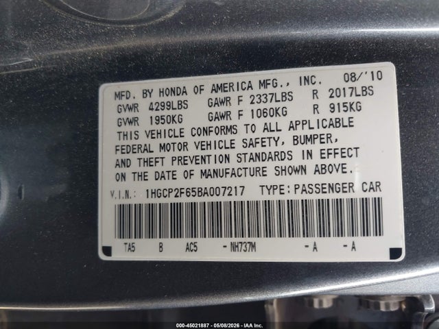 Aukcja sprzedaży 2011 Honda Accord 2.4 Se, vin: 1HGCP2F65BA007217, numer aukcji: 45021887