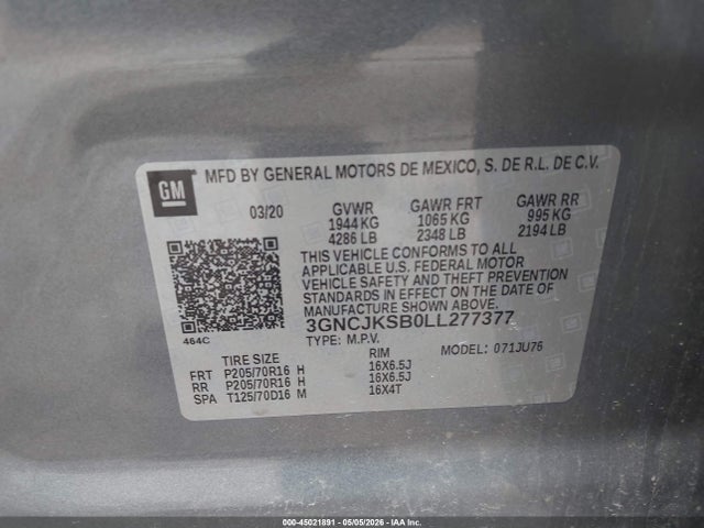 Aukcja sprzedaży 2020 Chevrolet Trax Fwd Ls, vin: 3GNCJKSB0LL277377, numer aukcji: 45021891