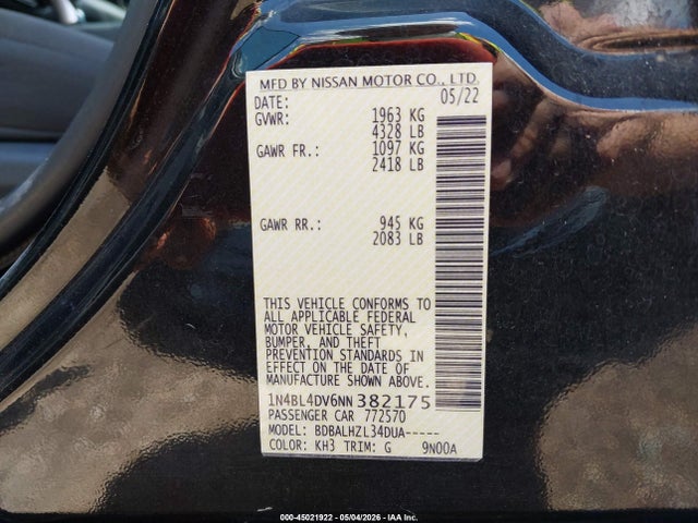 Aukcja sprzedaży 2022 Nissan Altima Sv Fwd, vin: 1N4BL4DV6NN382175, numer aukcji: 45021922