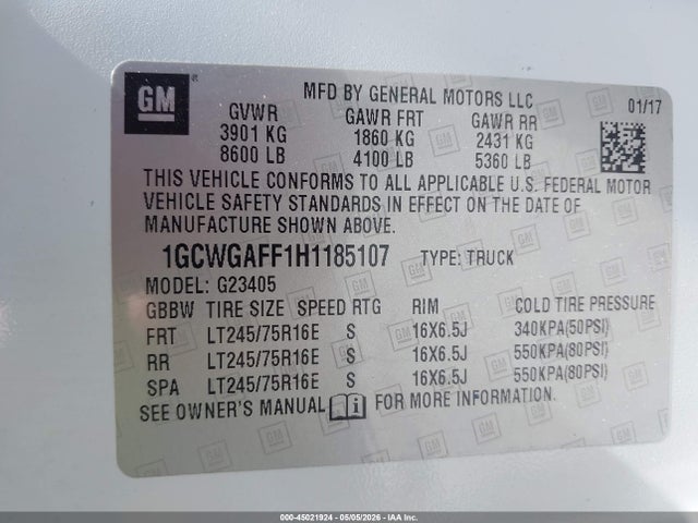 Продаж на аукціоні авто 2017 Chevrolet Express 2500 Work Van, vin: 1GCWGAFF1H1185107, номер лоту: 45021924