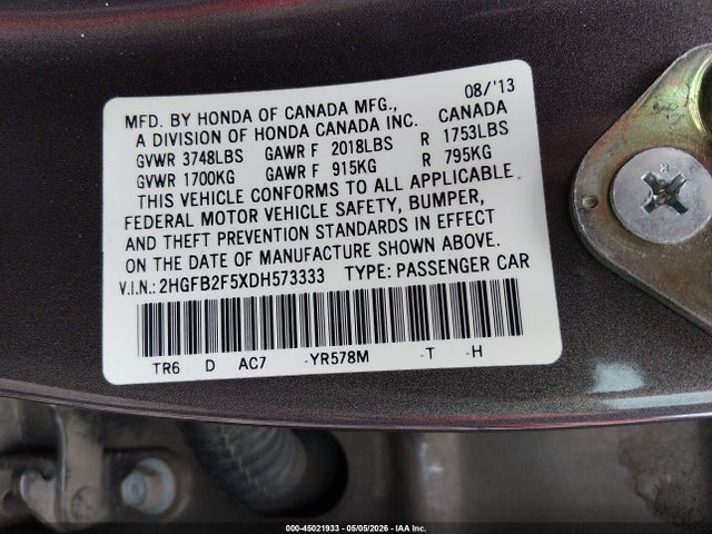 Продажа на аукционе авто 2013 Honda Civic Lx, vin: 2HGFB2F5XDH573333, номер лота: 45021933