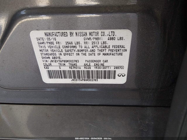 45021934 :رقم المزاد ، JN1EV7AP8GM302783 vin ، 2016 Infiniti Q50 3.0t Premium مزاد بيع
