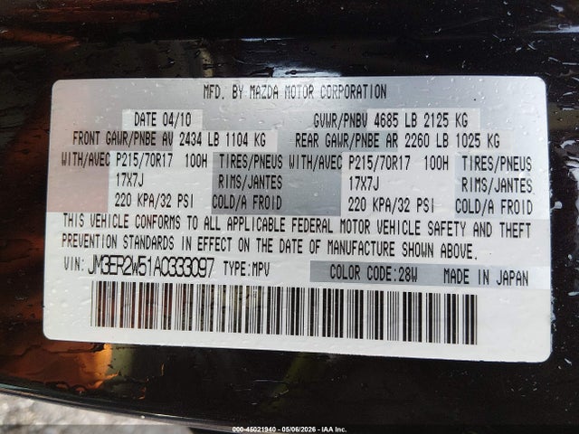 Aukcja sprzedaży 2010 Mazda Cx-7 I Sport, vin: JM3ER2W51A0333097, numer aukcji: 45021940