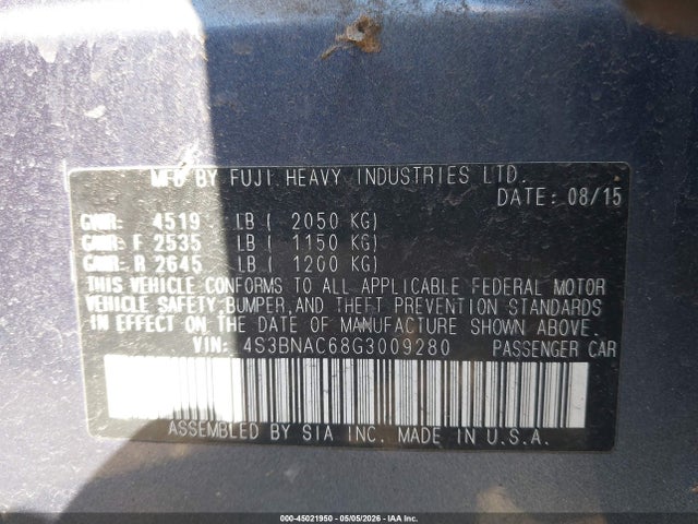 45021950 :رقم المزاد ، 4S3BNAC68G3009280 vin ، 2016 Subaru Legacy 2.5i Premium مزاد بيع