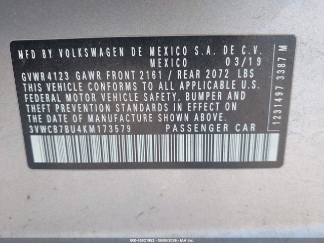 Aukcja sprzedaży 2019 Volkswagen Jetta 1.4t R-line/1.4t S/1.4t Se, vin: 3VWCB7BU4KM173579, numer aukcji: 45021952