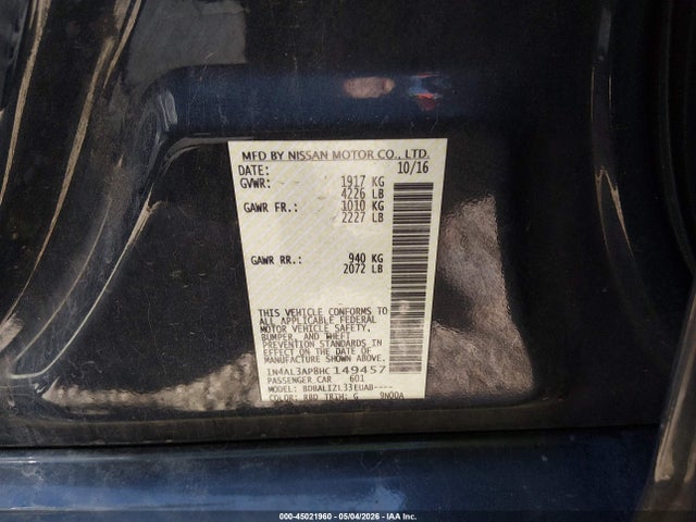 Продажа на аукционе авто 2017 Nissan Altima 2.5 Sv, vin: 1N4AL3AP8HC149457, номер лота: 45021960