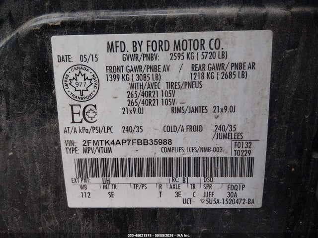 Продажа на аукционе авто 2015 Ford Edge Sport, vin: 2FMTK4AP7FBB35988, номер лота: 45021978