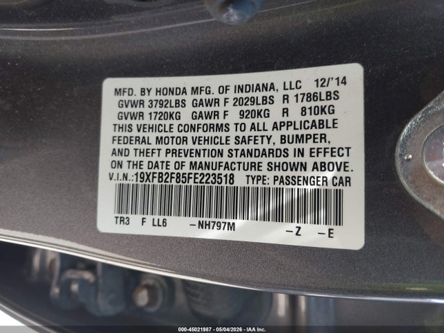 Aukcja sprzedaży 2015 Honda Civic Ex, vin: 19XFB2F85FE223518, numer aukcji: 45021987