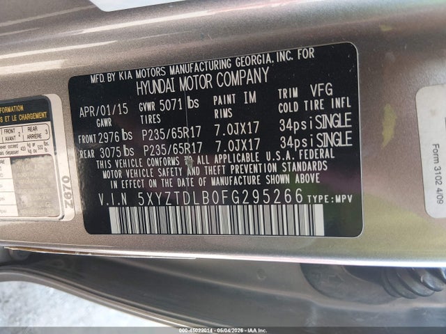 45022014 :رقم المزاد ، 5XYZTDLB0FG295266 vin ، 2015 Hyundai Santa Fe Sport 2.4l مزاد بيع