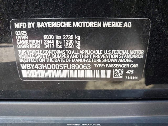 Продажа на аукционе авто 2025 Bmw I4 Gran Coupe Xdrive40, vin: WBY43HD00SFU89063, номер лота: 45022027