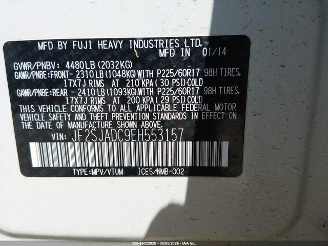 Продаж на аукціоні авто 2014 Subaru Forester 2.5i Premium, vin: JF2SJADC9EH553157, номер лоту: 45022028