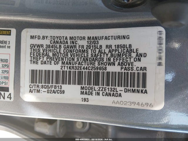Aukcja sprzedaży 2004 Toyota Matrix Xr, vin: 2T1KR32E44C259658, numer aukcji: 45022031