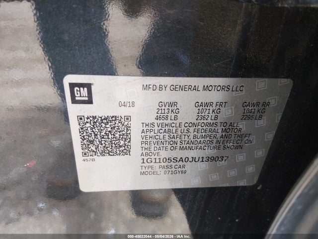 45022044 :رقم المزاد ، 1G1105SA0JU139037 vin ، 2018 Chevrolet Impala 1lt مزاد بيع