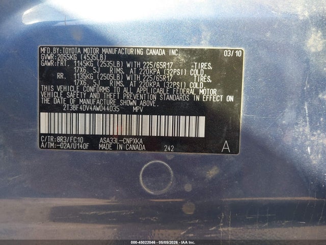 Aukcja sprzedaży 2010 Toyota Rav4, vin: 2T3BF4DV4AW044035, numer aukcji: 45022046
