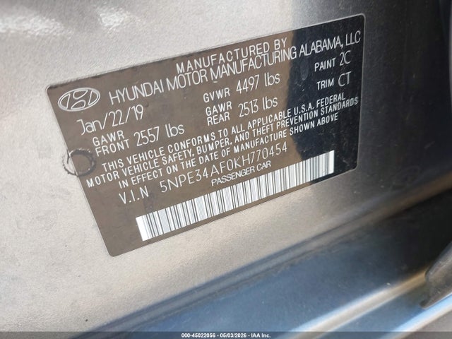 2019 Hyundai Sonata Limited მანქანა იყიდება აუქციონზე, vin: 5NPE34AF0KH770454, აუქციონის ნომერი: 45022056