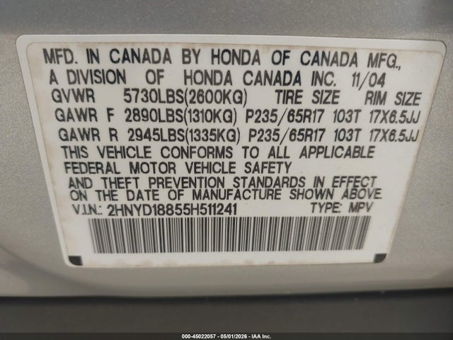 Продаж на аукціоні авто 2005 Acura Mdx, vin: 2HNYD18855H511241, номер лоту: 45022057