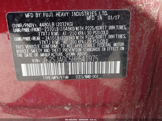 2017 Subaru Forester 2.5i Premium მანქანა იყიდება აუქციონზე, vin: JF2SJAGC5HH541975, აუქციონის ნომერი: 45022062