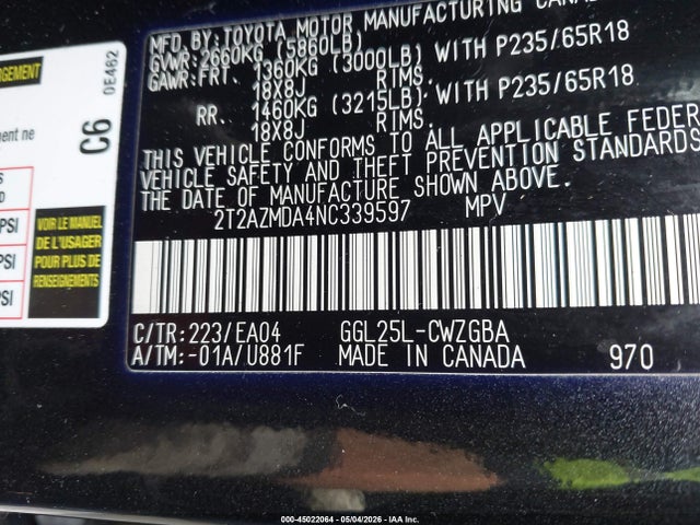45022064 :رقم المزاد ، 2T2AZMDA4NC339597 vin ، 2022 Lexus Rx 350 مزاد بيع