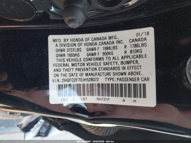 45022067 :رقم المزاد ، 2HGFC2F70JH528072 vin ، 2018 Honda Civic Ex مزاد بيع