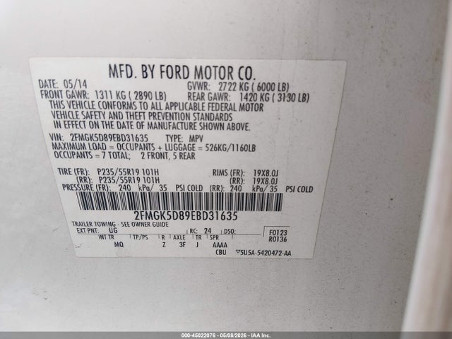 45022076 :رقم المزاد ، 2FMGK5D89EBD31635 vin ، 2014 Ford Flex Limited مزاد بيع