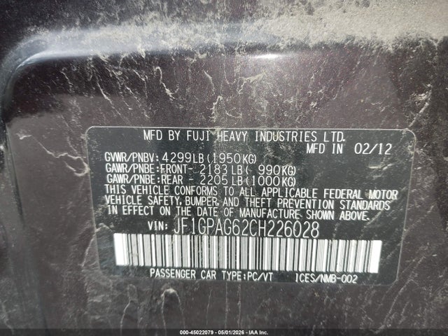 45022079 :رقم المزاد ، JF1GPAG62CH226028 vin ، 2012 Subaru Impreza 2.0i Limited مزاد بيع