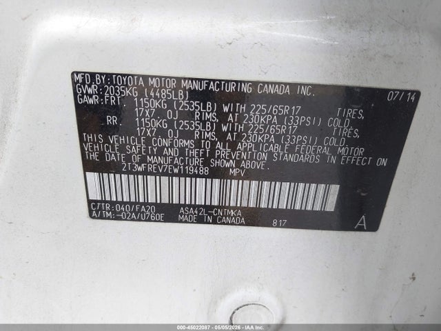 Aukcja sprzedaży 2014 Toyota Rav4 Xle, vin: 2T3WFREV7EW119488, numer aukcji: 45022087