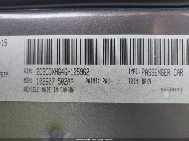 2016 Dodge Charger Sxt მანქანა იყიდება აუქციონზე, vin: 2C3CDXHG4GH125962, აუქციონის ნომერი: 45022094