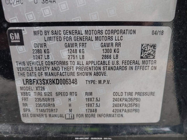 2019 Buick Envision Awd Premium I მანქანა იყიდება აუქციონზე, vin: LRBFX3SX8KD006348, აუქციონის ნომერი: 45022097