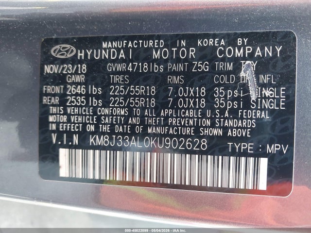 Aukcja sprzedaży 2019 Hyundai Tucson Sel, vin: KM8J33AL0KU902628, numer aukcji: 45022099