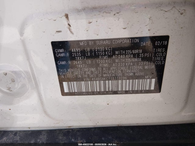 45022100 :رقم المزاد ، 4S4BSAKC1J3310296 vin ، 2018 Subaru Outback 2.5i Limited مزاد بيع