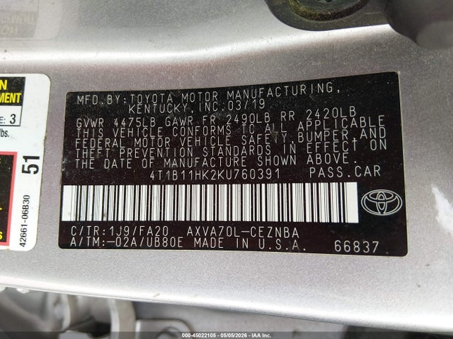 45022105 :رقم المزاد ، 4T1B11HK2KU760391 vin ، 2019 Toyota Camry Le مزاد بيع