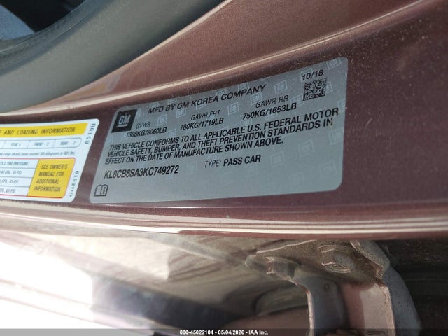 Aukcja sprzedaży 2019 Chevrolet Spark Ls Cvt, vin: KL8CB6SA3KC749272, numer aukcji: 45022104