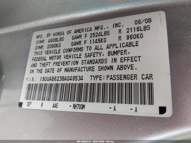 Aukcja sprzedaży 2008 Acura Tl 3.2, vin: 19UUA66238A049534, numer aukcji: 45022111