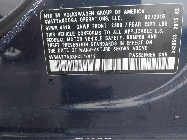 Aukcja sprzedaży 2015 Volkswagen Passat 1.8t Wolfsburg Edition, vin: 1VWAT7A3XFC073619, numer aukcji: 45022114