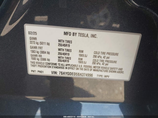 Aukcja sprzedaży 2025 Tesla Model Y Long Range Single Motor Rear-wheel Drive, vin: 7SAYGDED5SA374996, numer aukcji: 45022115