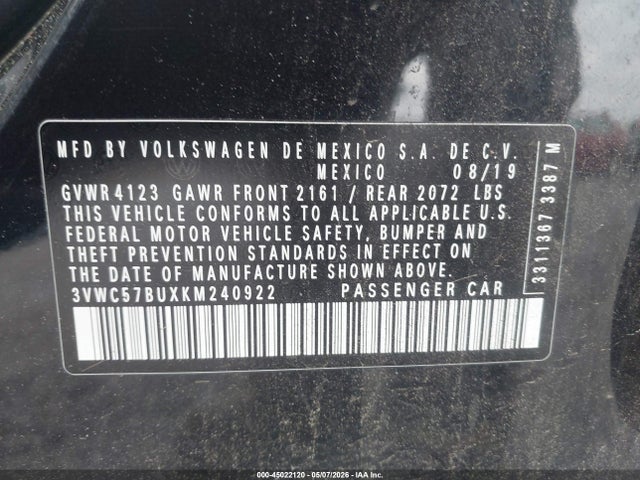 45022120 :رقم المزاد ، 3VWC57BUXKM240922 vin ، 2019 Volkswagen Jetta 1.4t R-line/1.4t S/1.4t Se مزاد بيع