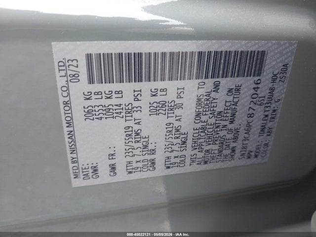 45022121 :رقم المزاد ، 5N1BT3CA6PC872046 vin ، 2023 Nissan Rogue Sl Fwd مزاد بيع
