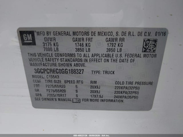 45022126 :رقم المزاد ، 3GCPCREC0GG188327 vin ، 2016 Chevrolet Silverado 1500 1lt مزاد بيع