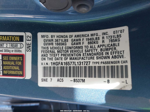 Aukcja sprzedaży 2007 Honda Civic Lx, vin: 1HGFA16577L131727, numer aukcji: 45022128