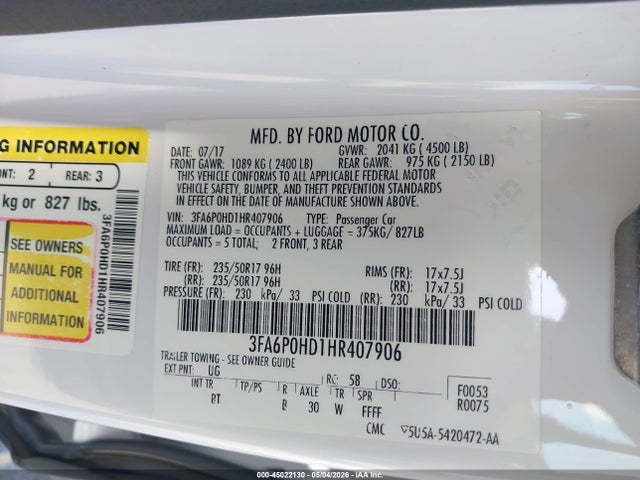 2017 Ford Fusion Se მანქანა იყიდება აუქციონზე, vin: 3FA6P0HD1HR407906, აუქციონის ნომერი: 45022130