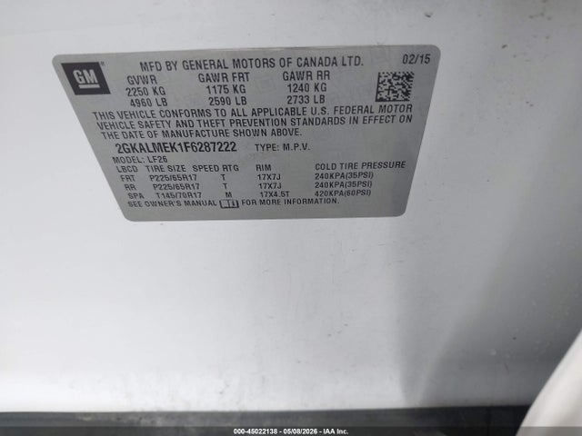 Aukcja sprzedaży 2015 Gmc Terrain Sle-1, vin: 2GKALMEK1F6287222, numer aukcji: 45022138