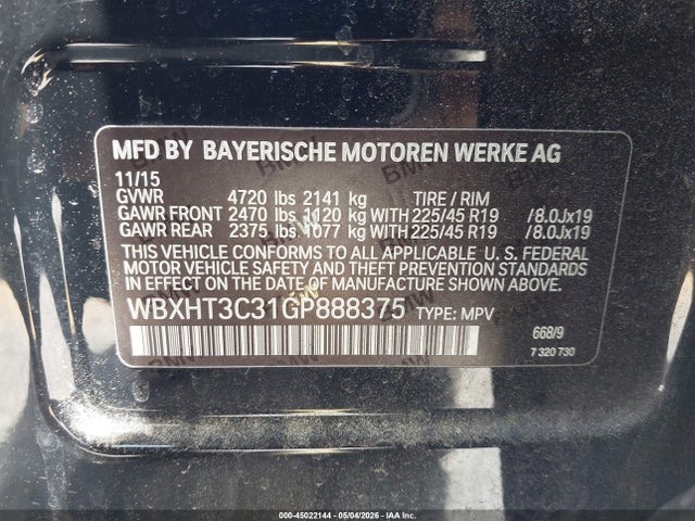 2016 Bmw X1 Xdrive28i მანქანა იყიდება აუქციონზე, vin: WBXHT3C31GP888375, აუქციონის ნომერი: 45022144