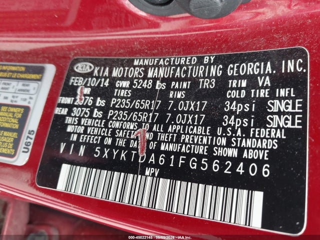 2015 Kia Sorento Lx მანქანა იყიდება აუქციონზე, vin: 5XYKTDA61FG562406, აუქციონის ნომერი: 45022145