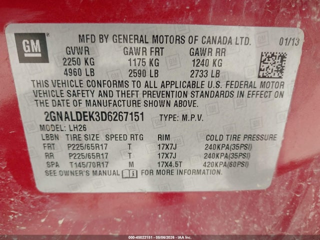 Продаж на аукціоні авто 2013 Chevrolet Equinox 1lt, vin: 2GNALDEK3D6267151, номер лоту: 45022151