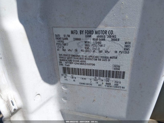 Aukcja sprzedaży 2008 Ford F-150 Fx2/stx/xl/xlt, vin: 1FTRF12W38KD10706, numer aukcji: 45022152