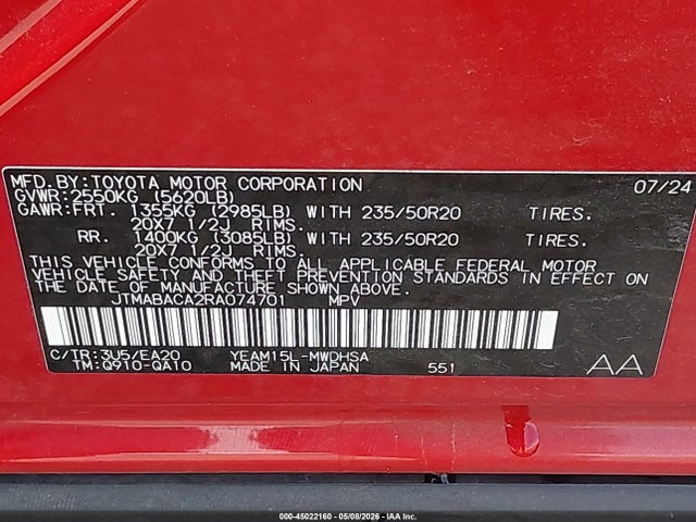 Продаж на аукціоні авто 2024 Toyota Bz4x Limited, vin: JTMABACA2RA074701, номер лоту: 45022160