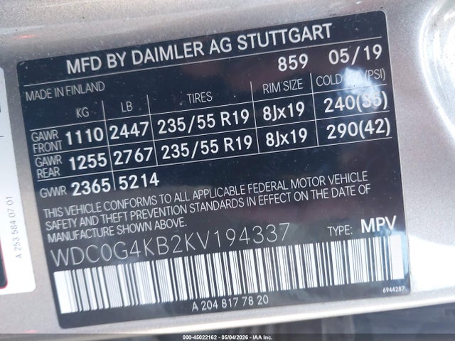 45022162 :رقم المزاد ، WDC0G4KB2KV194337 vin ، 2019 Mercedes-benz Glc 300 4matic مزاد بيع