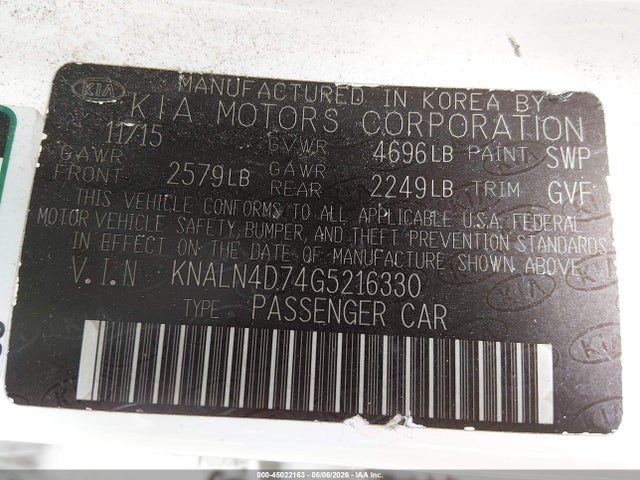 45022163 :رقم المزاد ، KNALN4D74G5216330 vin ، 2016 Kia Cadenza مزاد بيع